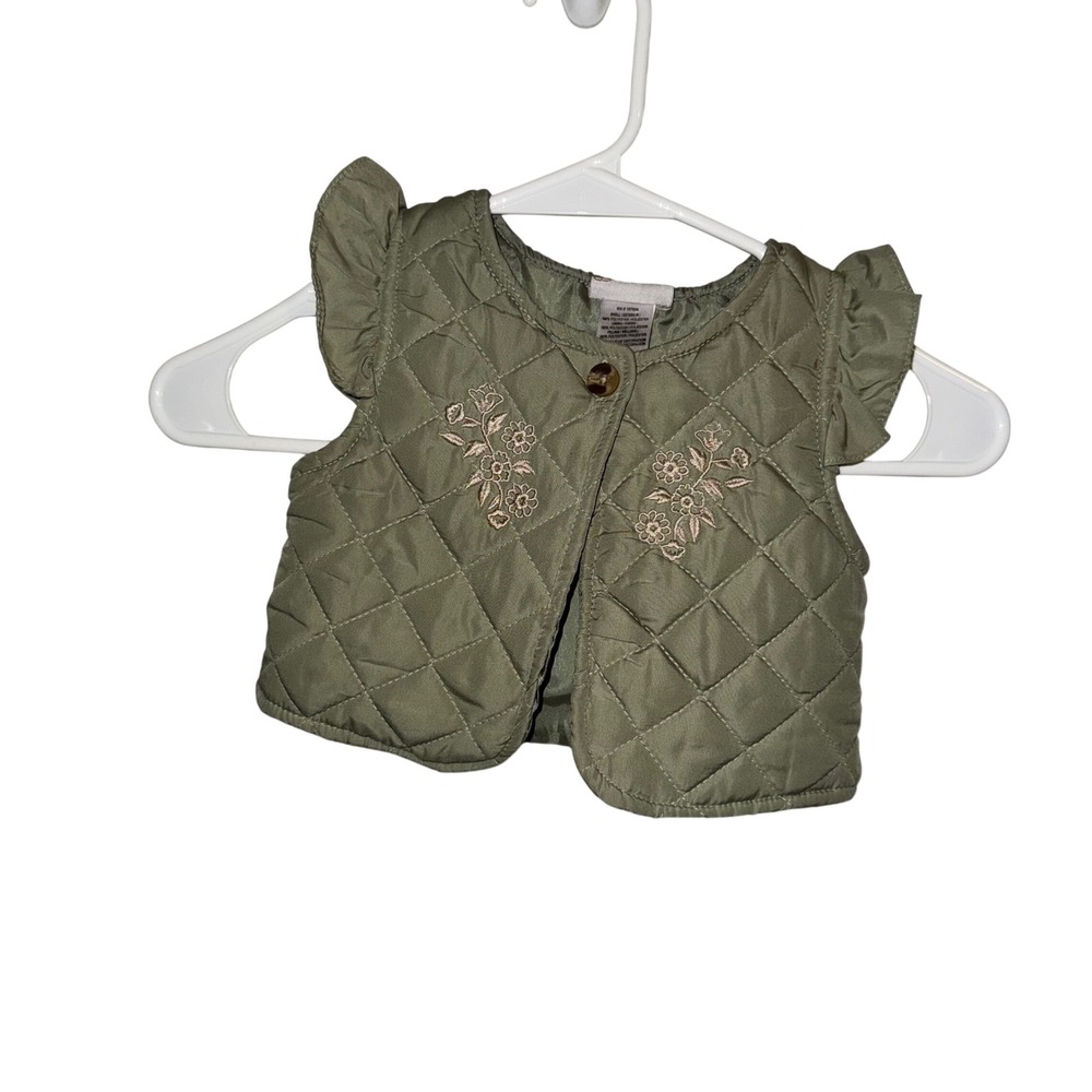 Daisy‎ Fuentes Baby Girl Quilted Vest Olive Green Floral Embroidery Ruffle 12M